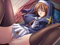 1girls breasts brown_hair censored closed_eyes cross female game_cg gloves hood masturbation nun otome_2 pussy_juice riddle_soft solo sweat thighhighs valeria_opuryenchia yamamoto_kazue