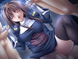 breasts brown_hair censored closed_eyes corset forced game_cg handjob nun open_mouth otome_2 rape riddle_soft sex thighhighs valeria_opuryenchia yamamoto_kazue