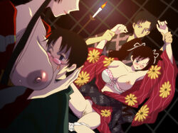 2girls arms_up black_hair blush bra breasts burning_candle candle glasses himawari_kunogi japanese_clothes kate_sai kimono large_breasts long_hair multiple_girls nipples panties panties_around_leg pussy short_hair sitting sweat tied_hair twintails underwear wet white_candle wink xxxholic yuuko_ichihara