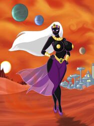 alien angry background big_breasts black_skin blue_eyes breasts city curvy duck_dodgers female gold headband huge_breasts jewelry large_breasts long_hair looking_at_viewer lordstevie martian night no_mouth perky_breasts planets pose queen queen_tyr'ahnee shiny solo space stars translucent unconvincing_armour very_long_hair white_hair wide_hips