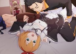 1boy after_sex beatrice_(re:zero) black_hair blonde_hair clothed_sex commentary_request crossed_arms cum highres long_hair morisobo natsuki_subaru on_bed petra_leyte re:zero_kara_hajimeru_isekai_seikatsu roswaal_mansion_maid_uniform short_hair straight twintails