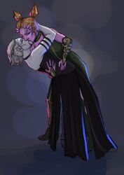 2d alien alien_girl alien_humanoid alien_only arched_back armlet armwear bending_backwards bent_over black_clothing chin_tattoo choker closed_eyes clothed clothing corset dark_disciple dathomiri dress ears eyebrows facial_tattoo female female_only fingerless_gloves full_body fully_clothed gloves green_clothing grey_body grey_hair hair hand_behind_another's_head hand_behind_head hands holding horn hugging humanoid humanoid_only interspecies kissing latts_razzi long_dress long_gloves markings multiple_girls nebulositycosplay neckwear purple_body red_hair side_view sidecut simple_background sleeveless slit slit_dress standing star_wars tattoo theelin tied_hair twintails white_body yuri