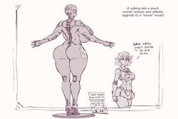 1girls amazon breasts cybernetics cyberpunk cyborg female female_only huge_ass huge_breasts mannequin monochrome n647 original original_character request robot size_difference sketch solo text thick_thighs wide_hips