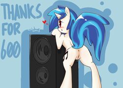 2012 anus blue_hair blush cutie_mark equine eyewear female friendship_is_magic hair heart horn horse looking_back my_little_pony pony pussy pussy_juice red_eyes solo two_tone_hair vinyl_scratch_(mlp) whoop whoopscloplockbox