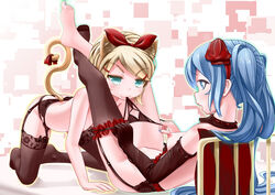 all_fours animal_ears aqua_eyes bed black_legwear black_panties blonde_hair blue_eyes blue_hair blue_nails blush breasts cat_ears cat_tail elbow_gloves female garter_belt garter_straps gloves hairband hatsune_miku kagamine_rin kemonomimi_mode long_hair mouth_hold multiple_girls nail_polish nipples oberssa panties panties_in_mouth panty_pull purple_nails ribbon short_hair simple_background single_thighhigh small_breasts smile tail tail_ribbon thighhighs tied_hair twintails underwear vocaloid yuri