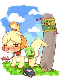 animal_crossing anthro artist_request blush canine dog doubutsu_no_mori female female_only fur furry isabelle_(animal_crossing) mammal nintendo peeing pussy rigi shizue_(doubutsu_no_mori) solo text translation_request urine what