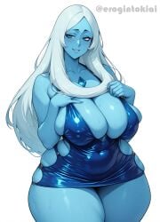 ai_assisted ai_generated blue_body blue_diamond_(steven_universe) blue_dress blue_eyes blue_skin bodycon erogintokiai gem gem_(species) grabbing_own_breast huge_breasts latex_clothing latex_dress massive_breasts milf milf_body minidress miniskirt navel plump_ass plump_breasts plump_thighs sagging_breasts smile smiling_at_viewer steven_universe steven_universe_future stripper_clothes sweat sweating thick_ass thick_body thick_legs thick_thighs tight_clothes tight_clothing tight_fit white_background white_hair whore_dress