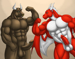 abs balls biceps big_balls bovine cattle dragon erection facial_piercing flexing gay hair horn male muscles nipples nose_piercing nude pecs penis piercing plain_background scalie uncut vamplust