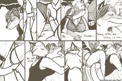 2012 anthro bare bent_over bite canine clothing comic cuddling dialogue feline female fever_low forest fox fun fur furry greyscale hair hybrid love lying lynx male monochrome outside pants penis public pussy raccoon rhari sex text tree