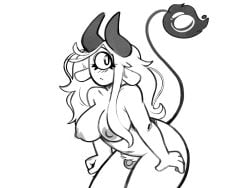 animal_ears big_breasts breasts cyclops demon_horns demon_tail futanari long_hair looking_at_viewer monochrome one_eye original original_character penis quantumsheep small_penis solo white_background