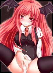 after_sex bat_wings black_legwear blush bottomless cum cum_in_pussy cum_inside cumdrip dress_shirt furaido head_wings highres koakuma long_hair navel necktie pussy red_eyes red_hair shirt sitting slit_pupils solo spread_legs spread_pussy succubus thighhighs touhou vest wings