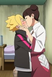 accurate_art_style age_difference ai_generated boruto:_naruto_next_generations clothed female height_difference kissing naruto_(series) tenten uzumaki_boruto