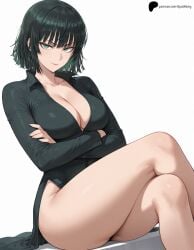 1girls ai_generated ass breasts collared_dress crossed_arms crossed_legs dress eyebrows_visible_through_hair female fingernails fubuki_(one-punch_man) green_dress green_eyes green_hair hair_between_eyes hi_res high_quality high_resolution highres huge_breasts large_breasts legs light_smile lips looking_at_viewer naughty_face nose one-punch_man opal_nemy patreon patreon_logo plain_background self_upload shadow short_hair simple_background sitting smile thick_thighs thighs watermark white_background