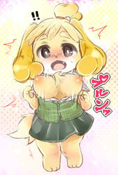 2d alternate_breast_size animal_crossing animal_ear anthro barefoot big_breasts blush breasts canine doubutsu_no_mori feet female fjnm000 furry isabelle_(animal_crossing) large_breasts nintendo nipples office_lady pawpads paws shizue_(doubutsu_no_mori) solo tail text toes translation_request