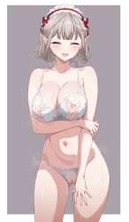 ass_visible_through_thighs bare_shoulders blush border bra breasts brown_hair cleavage closed_eyes collarbone commission cowboy_shot elu_(nijisanji) facing_viewer female frills fuooooo grey_background grey_hair groin hair_ornament hairband highres large_breasts lingerie looking_at_viewer navel nijisanji nipples open_mouth panties pixiv_commission pointy_ears pussy see-through_clothes short_hair simple_background smile solo standing stomach thigh_gap thighs underwear underwear_only virtual_youtuber white_border white_bra white_panties
