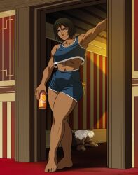 1girls against_door armpit armpits athletic athletic_female avatar_legends barefoot blue_eyes bob_cut boots brown_hair brunette_hair can casual_clothes clothed clothing dark-skinned_female dark_skin doorframe doorway drink drink_can energy_drink female female_only gym gym_clothes indoors korra leaning looking_at_viewer looking_to_the_side midriff muscular muscular_female shoes_removed short_hair sleeveless soda_can solo solo_female standing the_avatar the_legend_of_korra thick_thighs thighs tomboy toned toned_female training triplexmile water_tribe workout_clothes