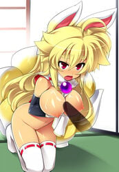 ahoge animal_ears blonde_hair breasts clothing cum cum_on_body cum_on_breasts cum_on_upper_body cute_fang detached_sleeves female fox_ears fox_tail highres izuna_(shinrabanshou) katami_shinta kneeling large_breasts long_hair multiple_tails nipples nude open_mouth outercourse paizuri red_eyes shinrabanshou stockings tabi tail thighhighs white_legwear