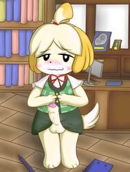 1futa 2d animal_crossing anthro barefoot black_eyes blonde_fur blonde_hair blush canine clipboard closed_mouth clothes color crossdressing desk doubutsu_no_mori erection front_view fur furry furry_tail futanari hair indoors isabelle_(animal_crossing) keyboard looking_at_viewer male male_only monitor nintendo office_futa office_man pen penis shizue_(doubutsu_no_mori) short_hair solo solo_futa standing straight_hair tail testicles uncut unknown_artist