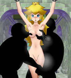 2boys armpits arms_up blonde_hair blue_eyes bondage breast_grab breasts crown earrings femsub hammer_bros. jewelry koopa lactation large_breasts long_hair mario_(series) milking mokusa multiple_boys nintendo nipples nude princess_peach pussy rape