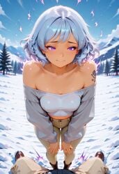 1boy above_view ai ai_generated anime anime_style beige_pants big_penis cheek civitai cute cute_face erection eyes fear gray_shirt imminent_fellatio imminent_oral imminent_sex jacket jacket_open káeli_xyovka_(character) kaybur_(series) kneeling kneeling_female kneeling_oral_position la_coroneta_(series) looking_at_viewer male nervous nervous_female nervous_smile open_legs panties pants panty penis pov purple purple_eyes purple_panties shirt shirt_only short_hair short_hair_female shy shy_female skyblue_hair small_breasts sweater sweater_lift tattoo typh