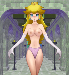 blonde_hair blue_eyes blush breasts corridor crown earrings elbow_gloves gloves hallway jewelry long_hair mario_(series) mokusa nintendo nipples panties princess_peach purple_panties topless underwear