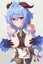 1girls bell black_leotard black_pantyhose blue_hair blush bodystocking bodysuit breasts breasts_out clothes_between_breasts covered_nipples covering covering_nipples detached_sleeves embarrassed female female_only ganyu_(genshin_impact) genshin_impact highres horns hoyoverse kadokadokado14 leotard leotard_under_clothes light-skinned_female light_skin long_hair mihoyo neck_bell nipples pantyhose red_eyes
