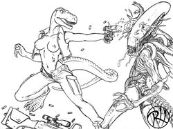 alien alien_(franchise) blood breasts dinosaur dinosaur_girl female gun highleg_panties no_bra panties predaguy ranged_weapon scalie sniper tail tyrannosaurus underwear weapon xenomorph