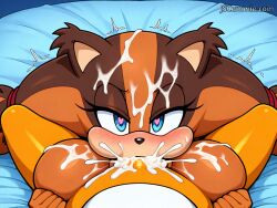 1boy 1girls ai_generated anthro anthro_on_anthro anthro_penetrated anthro_penetrating anthro_penetrating_anthro badger bed bedroom bedroom_eyes big_breasts big_penis blowjob blowjob_face blue_eyes blush breasts cheek_bulge cum cum_facial cum_in_mouth cum_inside cum_on_breasts cum_on_face deepthroat excessive_cum fellatio female female_focus heart heart-shaped_pupils jscammie looking_at_viewer male male/female male_pov mf mobian mobian_(species) oral oral_penetration oral_sex orange_fur penis pov pov_blowjob pov_eye_contact sonic_(series) sonic_boom sonic_the_hedgehog_(series) sticks_the_badger