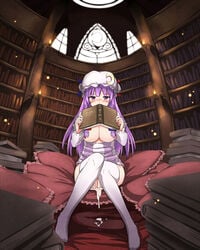 after_sex blush book book_covering_mouth bookshelf bow breasts censor_hair covered_mouth crescent cum cum_in_pussy cum_inside cumdrip female female_only hair_over_breasts hairbow hat highres human large_breasts library long_hair looking_at_viewer patchouli_knowledge pillow purple_eyes purple_hair revision room sitting solo thighhighs touhou voile white_legwear zaxwu