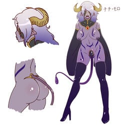 1girls ass demon_girl female female_only horns huge_ass inverted_nipples locketmonkey monster_girl pointy_ears purple_skin solo text translation_request