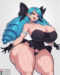 1female 1girls ai_generated barely_clothed blouse blue_hair cleavage drill_hair female gloves gwen_(league_of_legends) huge_ass huge_breasts league_of_legends long_hair panties rocksolidart solo solo_female thick_thighs wide_hips