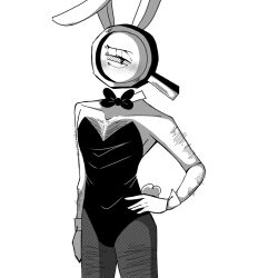 black_and_white blushing body_hair bowtie bunny_costume bunny_ears bunny_tail dandy's_world dandys_world gloves holding_hip monochrome older_male one_eye rodger_(dandy's_world) tagme