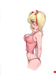 1girls belly_button blonde_female blonde_hair blonde_hair_female boobs breasts dean_yeagle female green_eyes lips mandy_(dean_yeagle) red_lips red_shirt see-through see-through_clothing shirt twintails