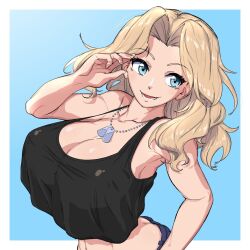 black_tank_top blonde_hair blue_background border breasts commentary crop_top dog_tags female girls_und_panzer highres huaronanago huge_breasts kay_(girls_und_panzer) medium_hair outside_border parted_bangs simple_background solo symbol-only_commentary tank_top white_border