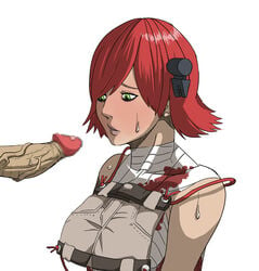 1girls a.b.a bandage bangs blush breasts censored green_eyes guilty_gear hair_ornament key kishio_(agedama) large_breasts lips mosaic_censoring penis red_hair short_hair sweat veins veiny_penis