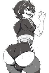 1boy ai_assisted ass ass_focus black_hair blackwhiplash_(style) bulge bulge_through_clothing ear_piercing fat_ass femboy freckles male male_only monochrome no_background presenting_hindquarters ringo_orlov sharp_teeth short_shorts shorts sketch smirk smug solo sports thick_thighs thighhighs