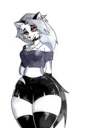 choker crop_top fully_clothed furry gloves grey_fur grey_hair helluva_boss looking_down loona_(helluva_boss) medium_breasts original_artwork red_sclera self_upload shorts simple_background smile solo solo_anthro solo_female solo_focus standing tagme tail thick_thighs thighhighs white_eyes white_fur