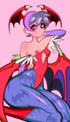 2010s 2018 alternate_version_available arm_sleeves bare_shoulders bat_print bat_wings boots capcom dark_hair darkstalkers digital_media_(artwork) female hand_on_head lilith_aensland looking_at_viewer nipple_slip nipples on_knees pink_eyes pink_nipples purple_armwear purple_stockings red_leotard short_hair shybabs solo stockings succubus vampire_savior wing_horns