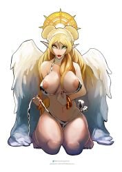 1girls 2d 2d_(artwork) 2d_artwork angel angel_girl angel_wings areola areola_slip areolae belly big_areola big_areolae big_breasts big_thighs bikini blonde_female blonde_hair blonde_hair_female bracelet bracelets breasts busty chocoraptor commission cow_bikini curvy curvy_body curvy_female curvy_figure diadem female female_focus female_only giant_breasts green_eyes hair_bun hi_res hiding_pussy high_resolution highres hips holy hourglass_figure huge_breasts illustration large_breasts long_hair looking_at_viewer navel oc original original_character pinup pointy_ears red_lipstick religion smile smiling_at_viewer solo solo_female solo_focus thick_thighs voluptuous voluptuous_female wide_hips