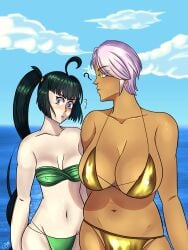 2girls ahoge beach_background blue_eyes chubby embarrassed golden_bikini lfam malva_(lfam) meme nipple_bulge oc olive_(lfam) original original_character original_characters self_upload short_hair side_ponytail size_difference tagme yellow_eyes