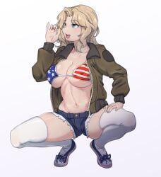 adapted_costume american_flag american_flag_bikini american_flag_print bikini bikini_top_only blonde_hair blue_eyes breasts cleavage collarbone covered_nipples cutoffs denim denim_shorts fellatio_gesture female flag_print forehead full_body girls_und_panzer green_jacket hair_intakes highres huaronanago jacket kay_(girls_und_panzer) large_breasts linea_alba long_hair navel open_clothes open_jacket open_mouth parted_hair print_bikini saunders_military_uniform sexually_suggestive shoes short_shorts shorts simple_background skindentation smile sneakers solo spread_legs squatting stomach swimsuit thighhighs thighs tongue tongue_out underboob wavy_hair white_background white_thighhighs