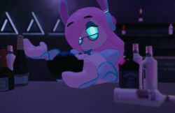 alcohol_bottles alien alien_girl alien_humanoid bar bar_counter bartender blue_eyes bowtie_collar bunnysuit cyan_clothing holding_remote itscrumpus jack_daniel's kirby_(series) looking_at_viewer partially_clothed pink_hair shoulder_pads susanna_patrya_haltmann susie_(kirby) vrchat vrchat_avatar wrist_cuffs