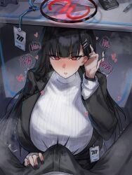 1boy 1girls absurdres bangs big_breasts black_and_red_halo black_hair black_nail_polish black_nails blue_archive blunt_bangs blush blush_lines blushing blushing_at_viewer breasts bright_pupils bulge bulge_through_clothing cleavage emotionless emotionless_female ero-note:_ore_ga_nani_shite_mo_mondai_ni_naranai_kyoushitsu eyebrows_visible_through_hair hair_ornament hairclip hairpin halo heart hetero highres huge_breasts id_card imminent_fellatio imminent_sex indifference indifferent large_breasts light-skinned_female light_skin long_hair looking_at_viewer male_pov mechanical_halo millennium_science_school_logo_(blue_archive) millennium_science_school_student parted_lips pov radishkek red_eyes ribbed_sweater rio_(blue_archive) seminar_(blue_archive) seminar_president sensei_(blue_archive) spread_legs steam student_council_president sweat sweater sweating text turtleneck turtleneck_sweater unbothered uncaring under_the_desk under_the_table unenthusiastic white_pupils white_sweater