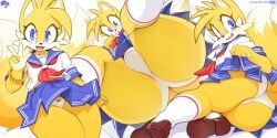 aged_up anthro big_ass big_butt bubble_ass bubble_butt crossdressing femboy furry furry_only krokobyaka low-angle_view male_only school_uniform sega sfw sonic_(series) sonic_the_hedgehog_(series) tails tails_the_fox yellow_fur