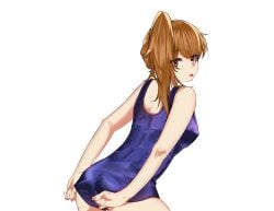 adjusting_clothes adjusting_swimsuit brown_hair canon_genderswap female female_only genderswap_(mtf) gintama hands_behind_back kyrimaru2 light_brown_hair long_hair looking_at_viewer looking_back nipple_bulge okita_sougo okita_souko one-piece_swimsuit ponytail red_eyes rule_63 school_swimsuit side_ponytail solo swimsuit tongue_out