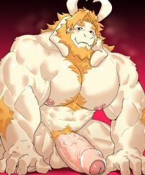 asgore_dreemurr beard blonde_hair facial_hair front_view fur genitals hair hi_res horn humanoid_genitalia humanoid_penis istani looking_at_viewer male mammal muscular muscular_male nipples pecs penis presenting presenting_penis solo undertale_(series) vein veiny_penis white_body white_fur