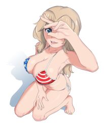 absurdres american_flag american_flag_bikini american_flag_print armpits barefoot bikini blonde_hair blue_eyes breasts cleavage commentary female flag_print foreshortening from_above full_body girls_und_panzer hand_on_lap hand_up highres huaronanago kay_(girls_und_panzer) kneeling large_breasts long_hair open_mouth print_bikini shadow side-tie_bikini_bottom simple_background smile solo swimsuit symbol-only_commentary teeth upper_teeth_only white_background