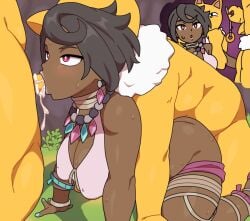 1girls 2boys all_fours dark-skinned_female dark_skin fellatio group group_sex hypno hypnosis interspecies kabeume mind_control olivia_(pokemon) oral pokemon pokemon_(species) pokemon_sm rape sex_from_behind spitroast