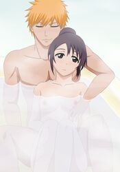 1boy 1girls bleach breasts female highres hinamori_momo ichigo_kurosaki kh-fullhouse male nude orange_hair pointy_chin