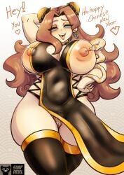 blue_eyes breasts breasts_out brown_hair china_dress dahna_bellanew huge_breasts new_year simp_devil snake